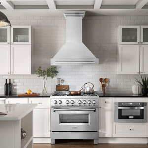 ZLINE 36 in. Satin Stainless Steel Wall Mount Range Hood with Stainless Steel Handle (8654SNX-36) in a luxury kitchen.