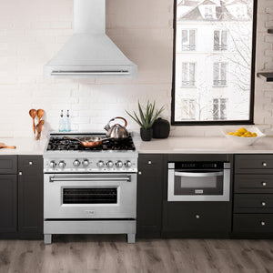 ZLINE 36 in. Satin Stainless Steel Wall Mount Range Hood with Stainless Steel Handle (8654SNX-36) in a luxury kitchen.