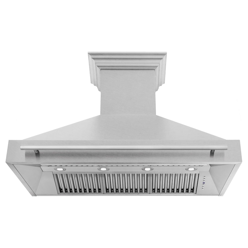 ZLINE 48 in. Satin Stainless Steel Wall Mount Range Hood with Stainless Steel Handle (8654SNX-48) front, under.
