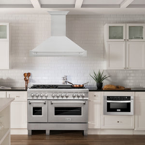 ZLINE 48 in. Satin Stainless Steel Wall Mount Range Hood with Stainless Steel Handle (8654SNX-48) in a luxury kitchen.