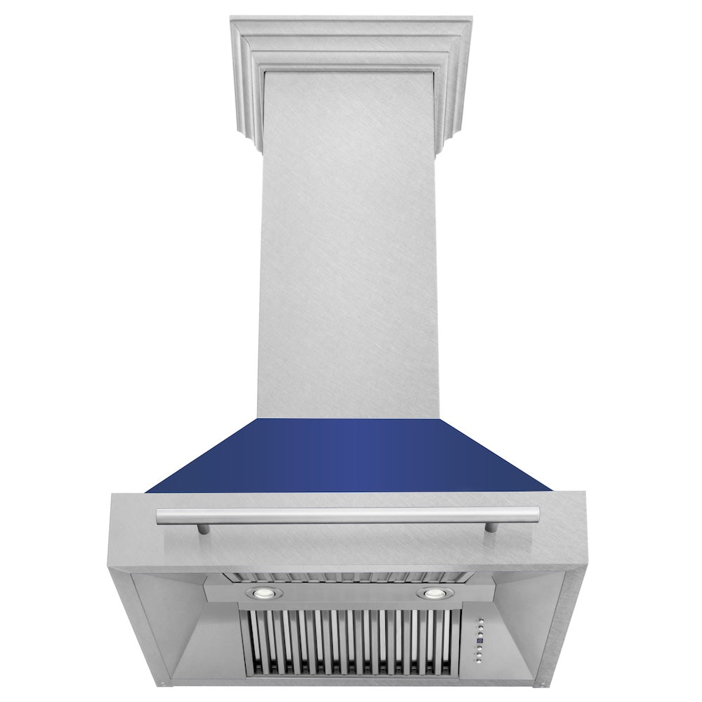 ZLINE 30 in. Satin Stainless Steel Wall Mount Range Hood with Blue Matte Shell and Stainless Steel Handle (8654SNX-BM-30) front, under.