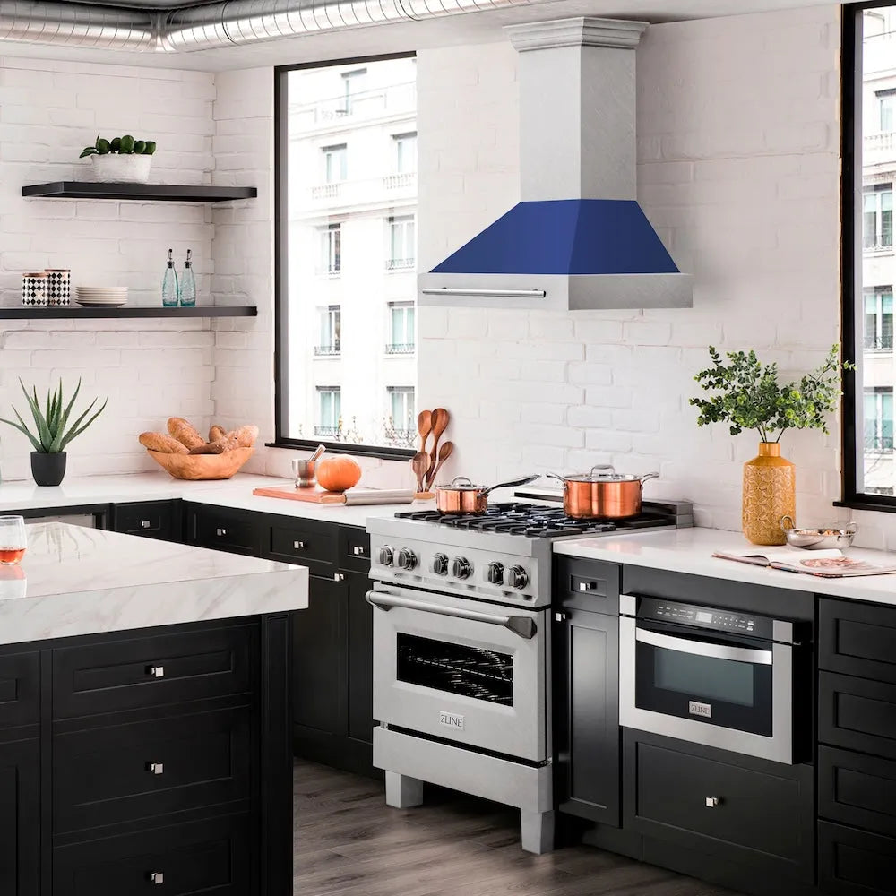 ZLINE 30 in. Satin Stainless Steel Wall Mount Range Hood with Blue Matte Shell and Stainless Steel Handle (8654SNX-BM-30) in a luxury kitchen.