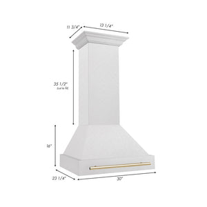 ZLINE Autograph Edition 30 in. Satin Stainless Steel Wall Mount Range Hood with Polished Gold Handle (8654SNZ-30-G) dimensional diagram.