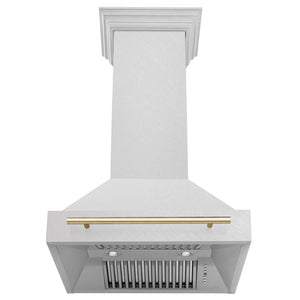 ZLINE Autograph Edition 30 in. Satin Stainless Steel Wall Mount Range Hood with Polished Gold Handle (8654SNZ-30-G) front, under.