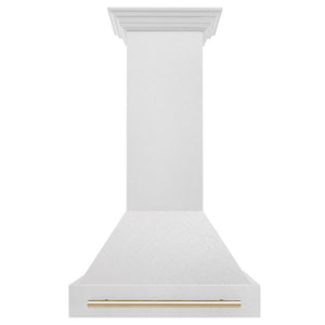ZLINE Autograph Edition 30 in. Satin Stainless Steel Wall Mount Range Hood with Polished Gold Handle (8654SNZ-30-G) front.