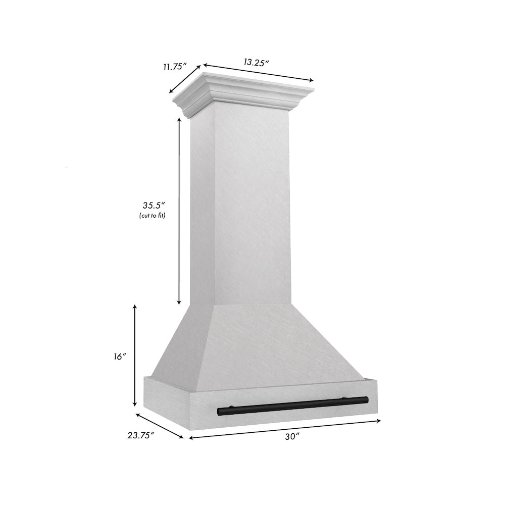 ZLINE Autograph Edition 30 in. Satin Stainless Steel Wall Mount Range Hood with Matte Black Handle (8654SNZ-30-MB) dimensional diagram.