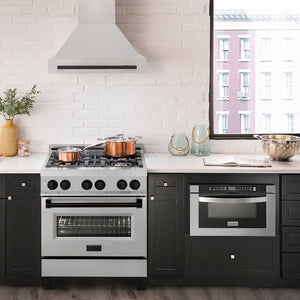 ZLINE Autograph Edition 30 in. Satin Stainless Steel Wall Mount Range Hood with Matte Black Handle (8654SNZ-30-MB) in a luxury kitchen.