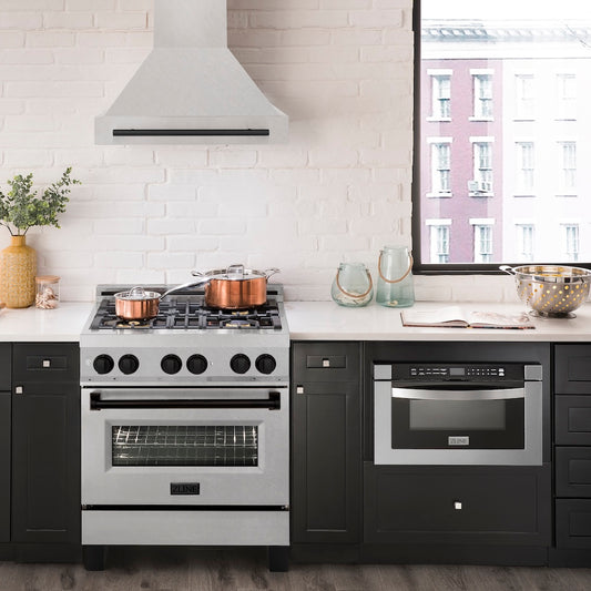 ZLINE Autograph Edition 30 in. Satin Stainless Steel Wall Mount Range Hood with Matte Black Handle (8654SNZ-30-MB) in a luxury kitchen.