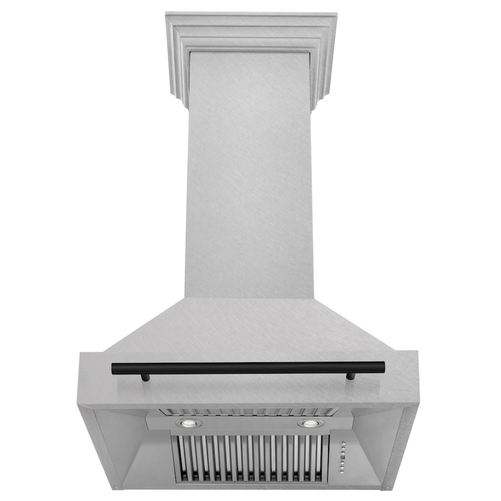 ZLINE Autograph Edition 30 in. Satin Stainless Steel Wall Mount Range Hood with Matte Black Handle (8654SNZ-30-MB) front, under.