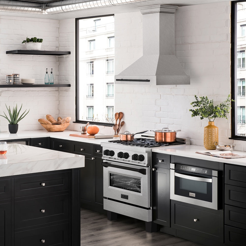 ZLINE Autograph Edition 30 in. Satin Stainless Steel Wall Mount Range Hood with Matte Black Handle (8654SNZ-30-MB) in a luxury kitchen.