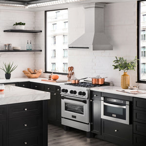 ZLINE Autograph Edition 30 in. Satin Stainless Steel Wall Mount Range Hood with Matte Black Handle (8654SNZ-30-MB) in a luxury kitchen.