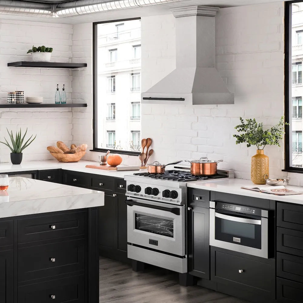ZLINE Autograph Edition 30 in. Satin Stainless Steel Wall Mount Range Hood with Matte Black Handle (8654SNZ-30-MB) in a luxury kitchen.