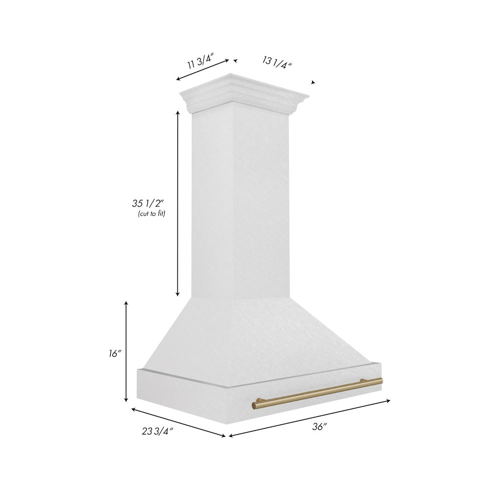 ZLINE Autograph Edition 36 in. Satin Stainless Steel Wall Mount Range Hood with Champagne Bronze Handle (8654SNZ-36-CB) dimensional diagram.