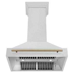 ZLINE Autograph Edition 36 in. Satin Stainless Steel Wall Mount Range Hood with Champagne Bronze Handle (8654SNZ-36-CB) front, under.