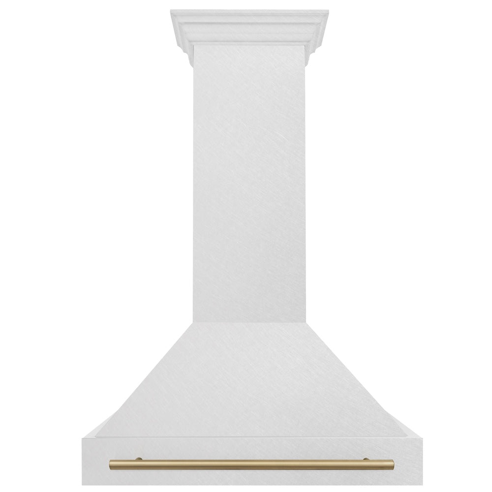 ZLINE Autograph Edition 36 in. Satin Stainless Steel Wall Mount Range Hood with Champagne Bronze Handle (8654SNZ-36-CB) front.