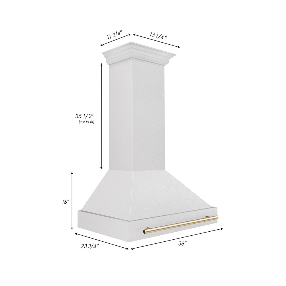 ZLINE Autograph Edition 36 in. Satin Stainless Steel Wall Mount Range Hood with Polished Gold Handle (8654SNZ-36-G) dimensional diagram.