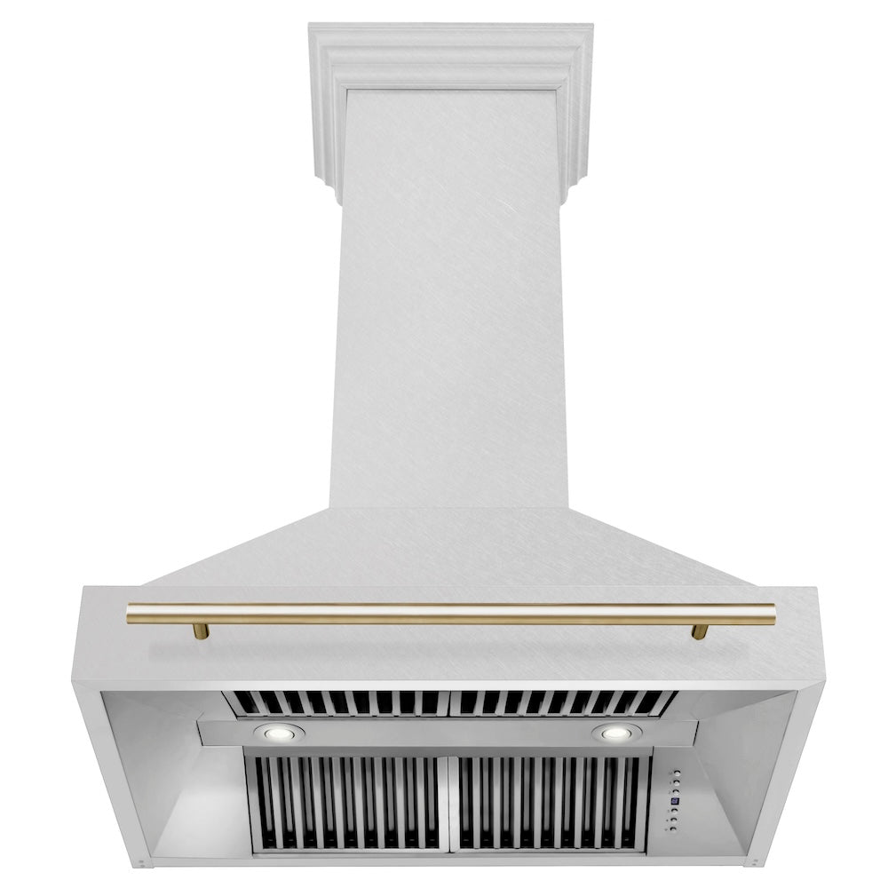 ZLINE Autograph Edition 36 in. Satin Stainless Steel Wall Mount Range Hood with Polished Gold Handle (8654SNZ-36-G) front, under.