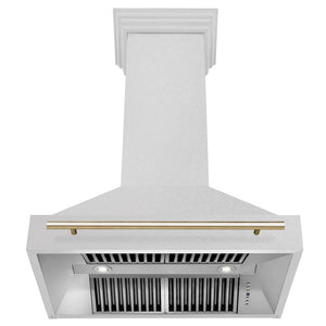 ZLINE Autograph Edition 36 in. Satin Stainless Steel Wall Mount Range Hood with Polished Gold Handle (8654SNZ-36-G) front, under.