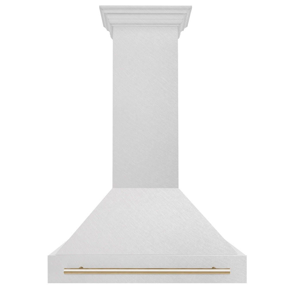 ZLINE Autograph Edition 36 in. Satin Stainless Steel Wall Mount Range Hood with Polished Gold Handle (8654SNZ-36-G) front.
