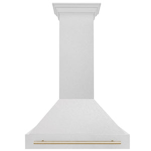 ZLINE Autograph Edition 36 in. Satin Stainless Steel Wall Mount Range Hood with Polished Gold Handle (8654SNZ-36-G) front.
