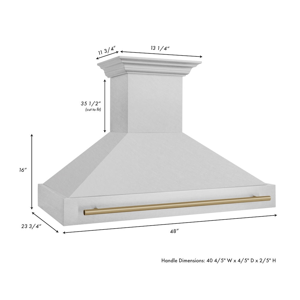 ZLINE Autograph Edition 48 in. Satin Stainless Steel Wall Mount Range Hood with Champagne Bronze Handle (8654SNZ-48-CB) dimensional diagram.