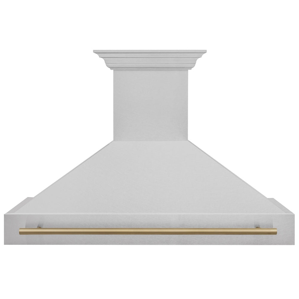 ZLINE Autograph Edition 48 in. Satin Stainless Steel Wall Mount Range Hood with Champagne Bronze Handle (8654SNZ-48-CB) front.