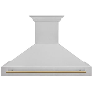 ZLINE Autograph Edition 48 in. Satin Stainless Steel Wall Mount Range Hood with Champagne Bronze Handle (8654SNZ-48-CB) front.