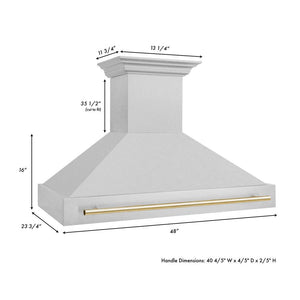 ZLINE Autograph Edition 48 in. Satin Stainless Steel Wall Mount Range Hood with Polished Gold Handle (8654SNZ-48-G) dimensional diagram.
