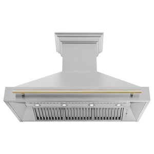 ZLINE Autograph Edition 48 in. Satin Stainless Steel Wall Mount Range Hood with Polished Gold Handle (8654SNZ-48-G) front, under.