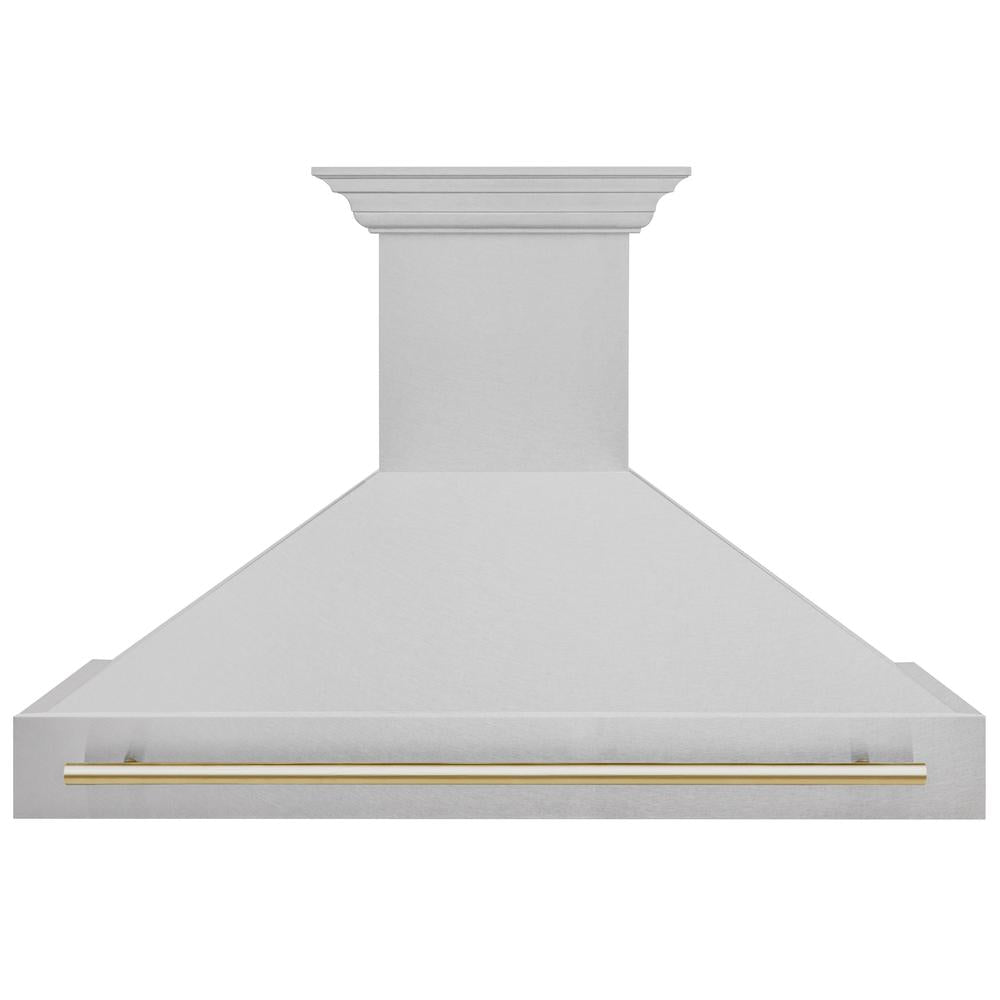 ZLINE Autograph Edition 48 in. Satin Stainless Steel Wall Mount Range Hood with Polished Gold Handle (8654SNZ-48-G) front.