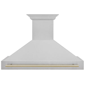 ZLINE Autograph Edition 48 in. Satin Stainless Steel Wall Mount Range Hood with Polished Gold Handle (8654SNZ-48-G) front.