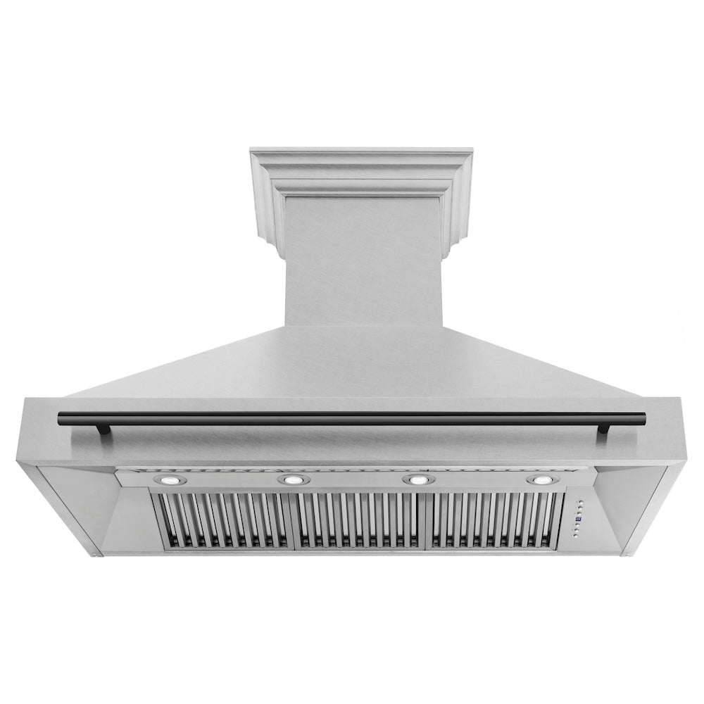 ZLINE Autograph Edition 48 in. Satin Stainless Steel Wall Mount Range Hood with Matte Black Handle (8654SNZ-48-MB) front, under.