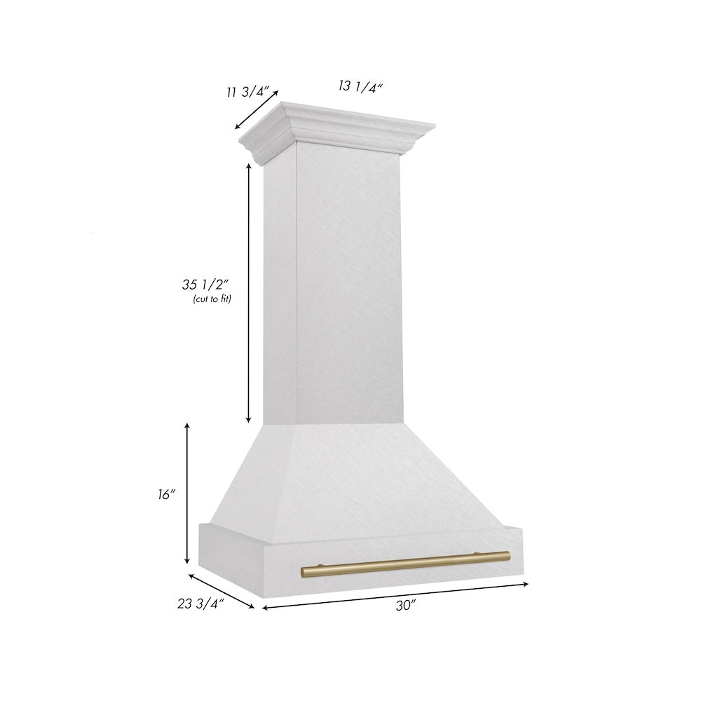 ZLINE Autograph Edition 30 in. Satin Stainless Steel Wall Mount Range Hood with Champagne Bronze Handle (8654SNZ-30-CB) dimensional diagram.