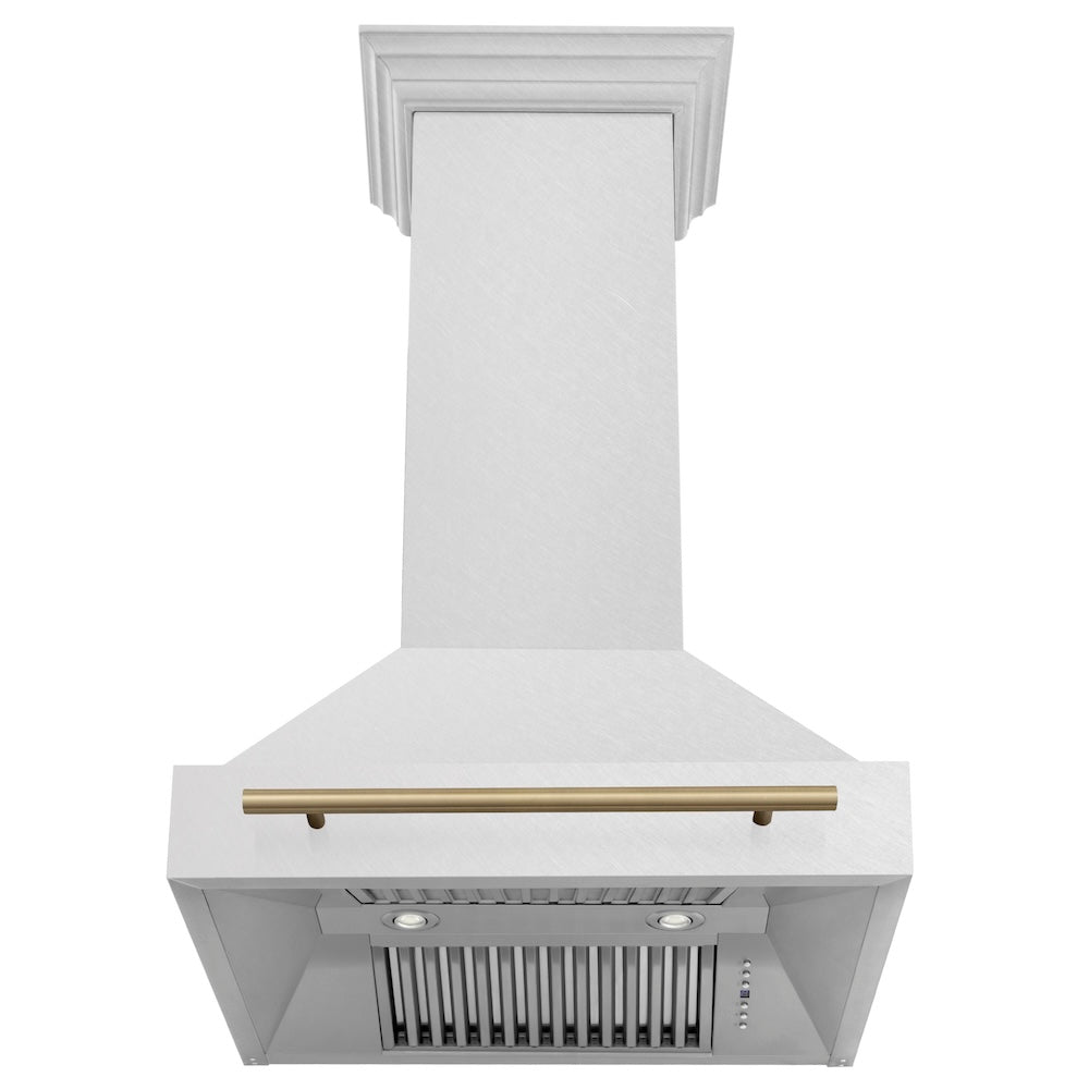 ZLINE Autograph Edition 30 in. Satin Stainless Steel Wall Mount Range Hood with Champagne Bronze Handle (8654SNZ-30-CB) front, under.