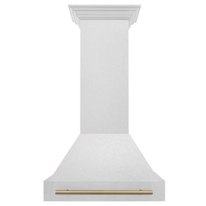 ZLINE Autograph Edition 30 in. Satin Stainless Steel Wall Mount Range Hood with Champagne Bronze Handle (8654SNZ-30-CB) front.