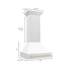 ZLINE Autograph Edition 30 in. Satin Stainless Steel Wall Mount Range Hood with White Matte Shell and Polished Gold Handle (8654SNZ-WM30-G) dimensional diagram.