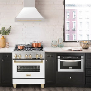 ZLINE Autograph Edition 30 in. Satin Stainless Steel Wall Mount Range Hood with White Matte Shell and Polished Gold Handle (8654SNZ-WM30-G) in a luxury kitchen.