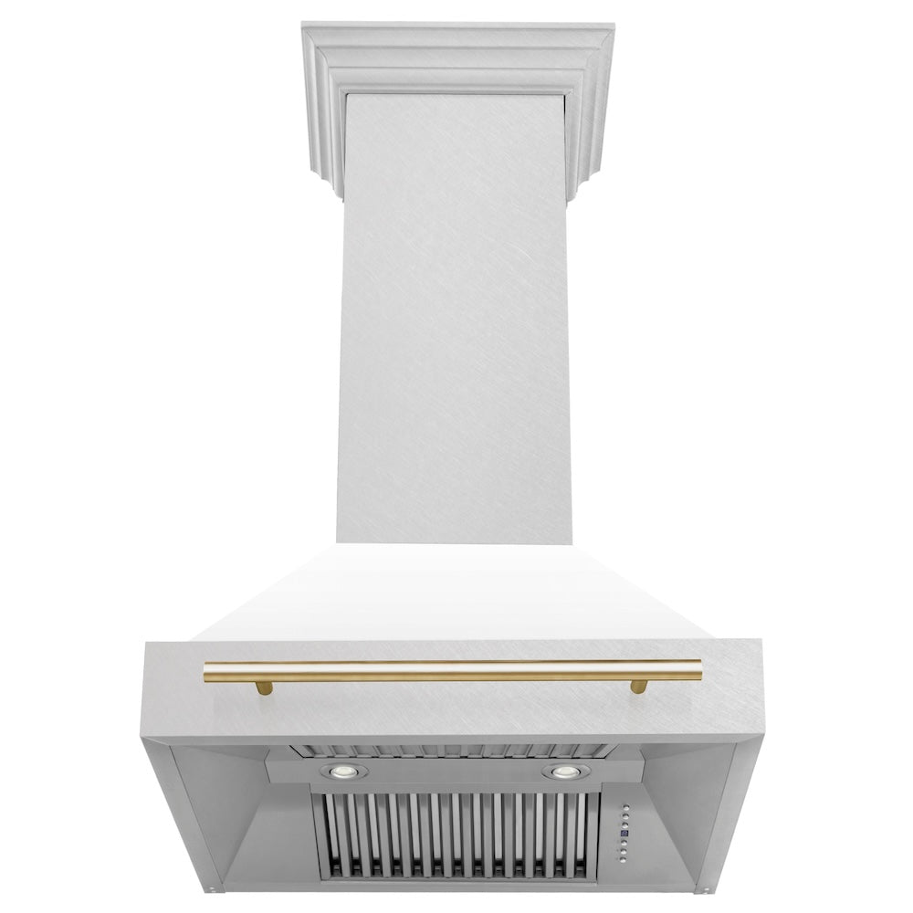 ZLINE Autograph Edition 30 in. Satin Stainless Steel Wall Mount Range Hood with White Matte Shell and Polished Gold Handle (8654SNZ-WM30-G) front, under.