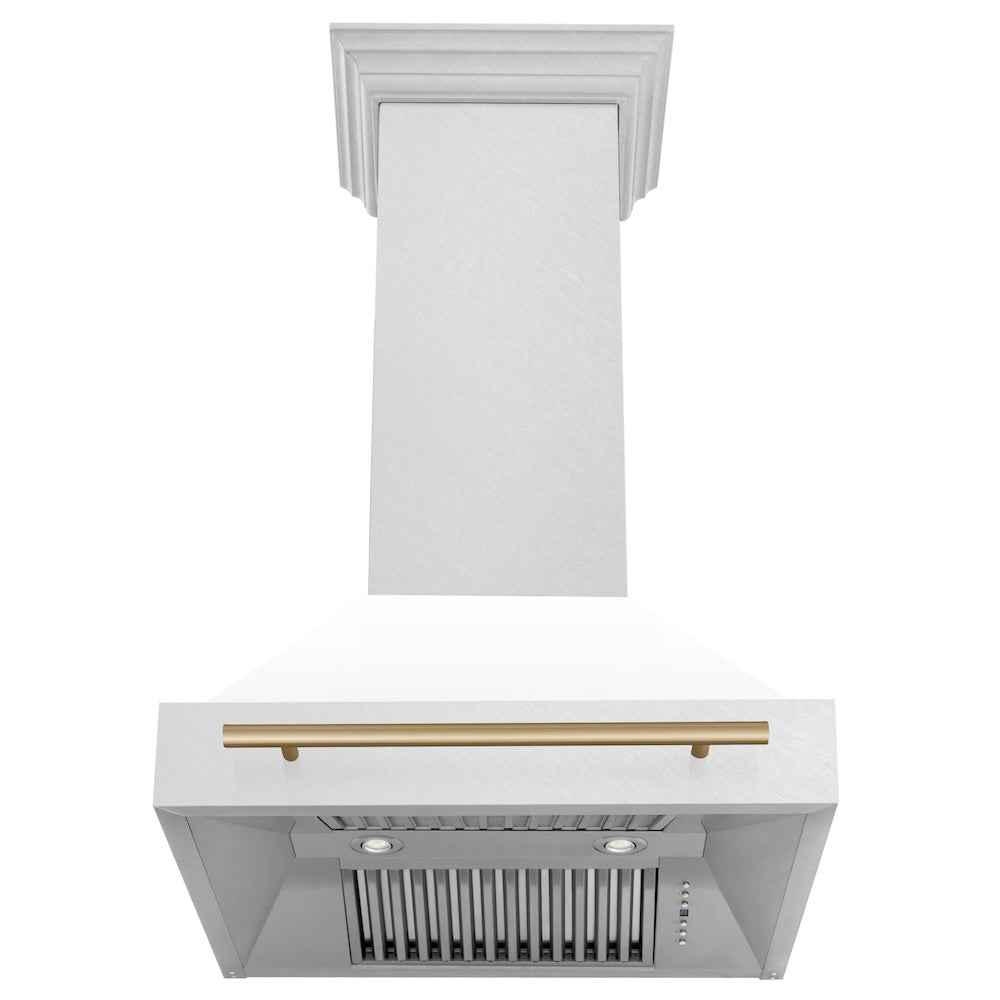 ZLINE Autograph Edition 30 in. Satin Stainless Steel Wall Mount Range Hood with White Matte Shell and Champagne Bronze Handle (8654SNZ-WM30-CB) front, under.
