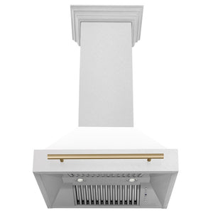 ZLINE Autograph Edition 30 in. Satin Stainless Steel Wall Mount Range Hood with White Matte Shell and Champagne Bronze Handle (8654SNZ-WM30-CB) front, under.