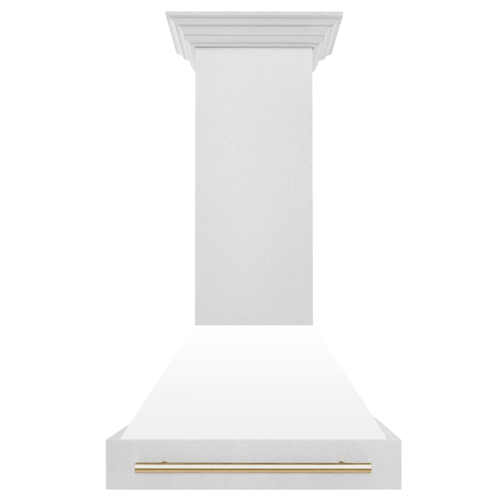 ZLINE Autograph Edition 30 in. Satin Stainless Steel Wall Mount Range Hood with White Matte Shell and Polished Gold Handle (8654SNZ-WM30-G) front.