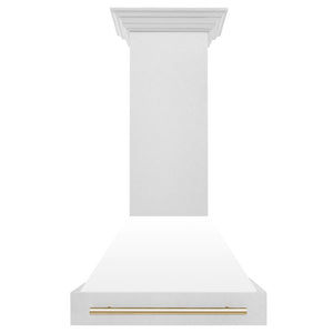ZLINE Autograph Edition 30 in. Satin Stainless Steel Wall Mount Range Hood with White Matte Shell and Polished Gold Handle (8654SNZ-WM30-G) front.
