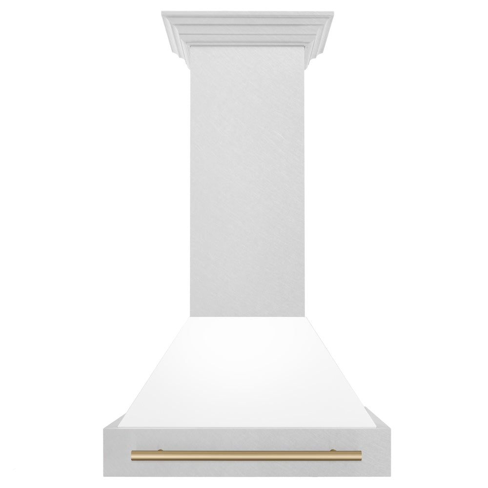 ZLINE Autograph Edition 30 in. Satin Stainless Steel Wall Mount Range Hood with White Matte Shell and Champagne Bronze Handle (8654SNZ-WM30-CB) front.