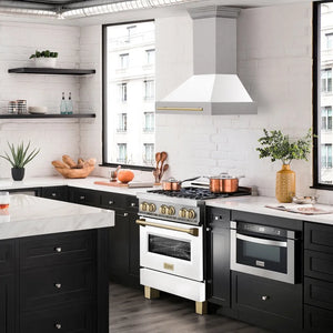 ZLINE Autograph Edition 30 in. Satin Stainless Steel Wall Mount Range Hood with White Matte Shell and Polished Gold Handle (8654SNZ-WM30-G) in a luxury kitchen.