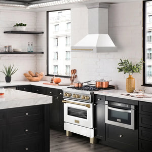 ZLINE Autograph Edition 30 in. Satin Stainless Steel Wall Mount Range Hood with White Matte Shell and Champagne Bronze Handle (8654SNZ-WM30-CB) in a luxury kitchen.