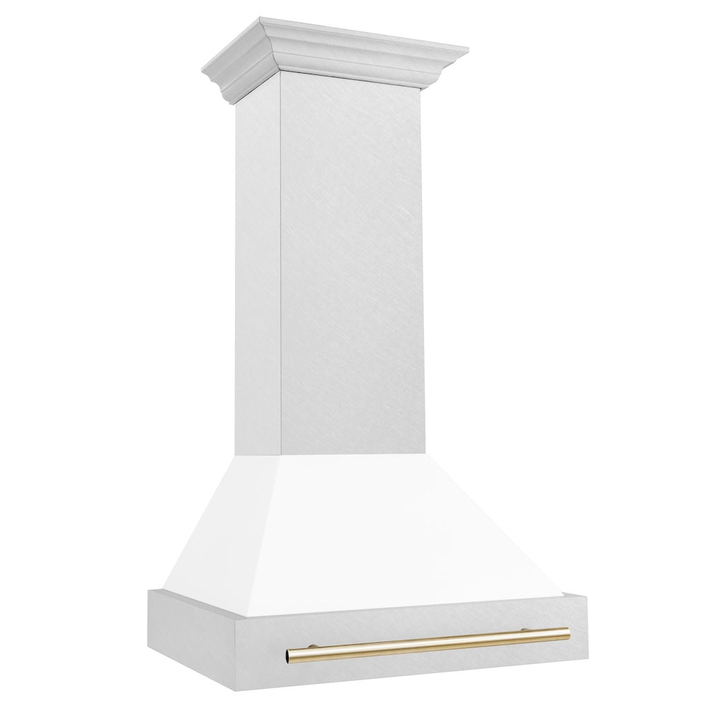 ZLINE Autograph Edition 30 in. Satin Stainless Steel Wall Mount Range Hood with White Matte Shell and Polished Gold Handle (8654SNZ-WM30-G) side.