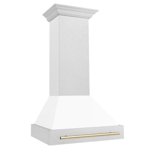 ZLINE Autograph Edition 30 in. Satin Stainless Steel Wall Mount Range Hood with White Matte Shell and Polished Gold Handle (8654SNZ-WM30-G) side.