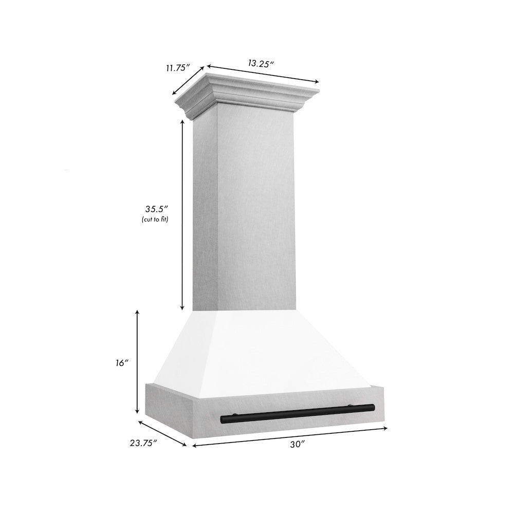 ZLINE Autograph Edition 30 in. Satin Stainless Steel Wall Mount Range Hood with White Matte Shell and Matte Black Handle (8654SNZ-WM30-MB) dimensional diagram.