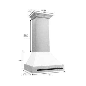 ZLINE Autograph Edition 30 in. Satin Stainless Steel Wall Mount Range Hood with White Matte Shell and Matte Black Handle (8654SNZ-WM30-MB) dimensional diagram.