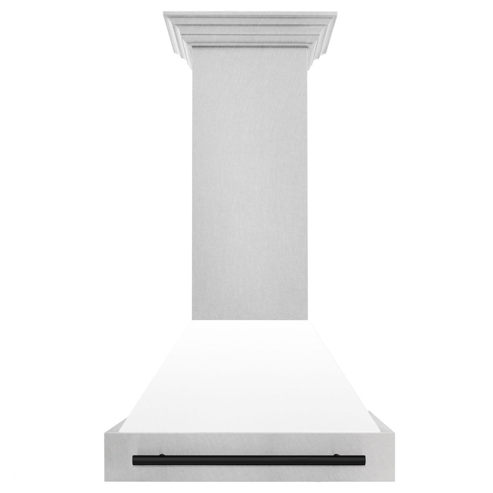 ZLINE Autograph Edition 30 in. Satin Stainless Steel Wall Mount Range Hood with White Matte Shell and Matte Black Handle (8654SNZ-WM30-MB) front.